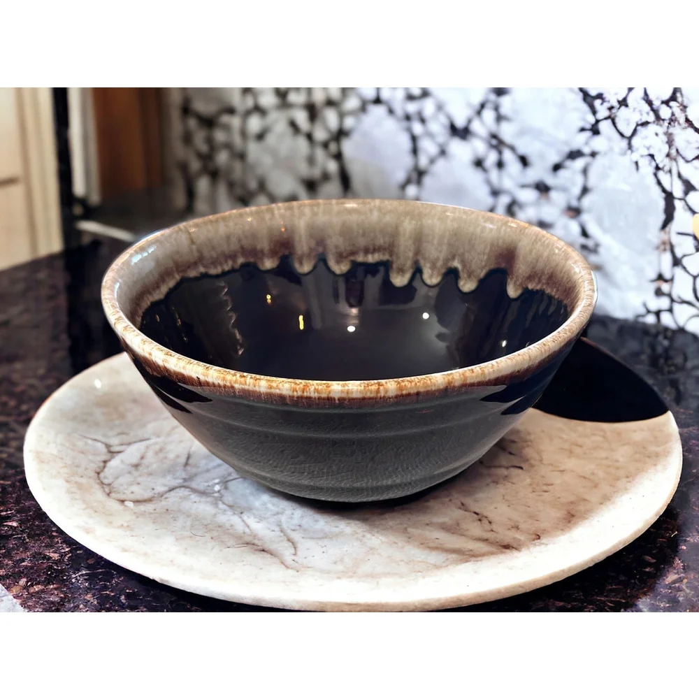 Pfaltzgraff 50s Gourmet Stoneware Mixing Bowl Brown Drip Glaze Rim 1950's BOHO